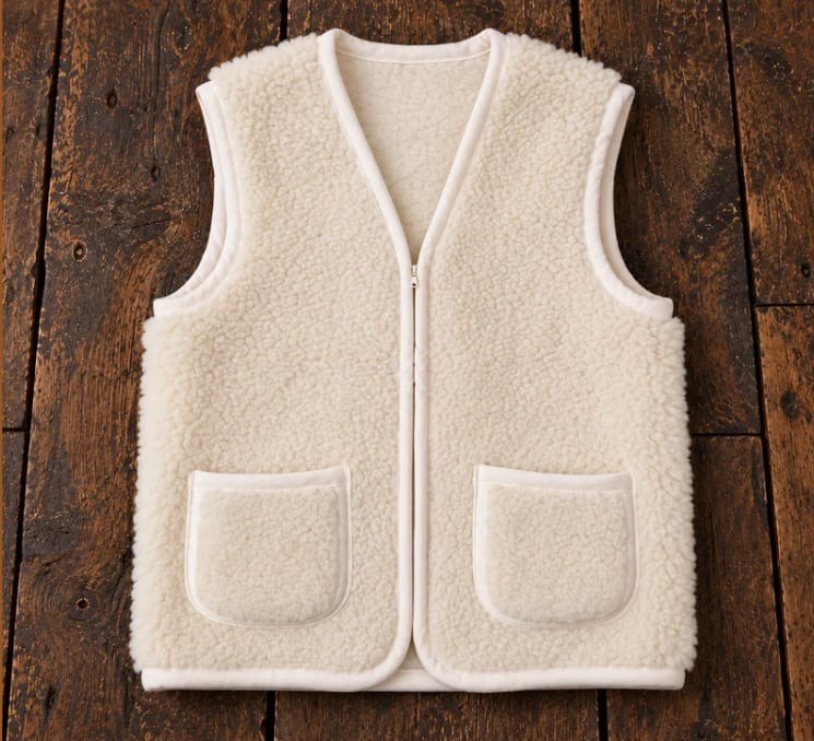 Bodywarmer in teddy-look met naturel bies