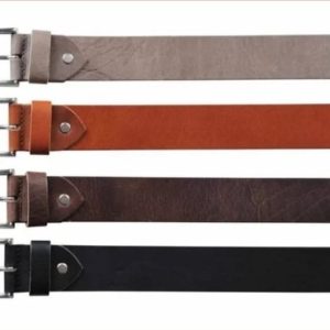 Vier leren riemen, genummerd: grijs, cognac, donkerbruin en zwart